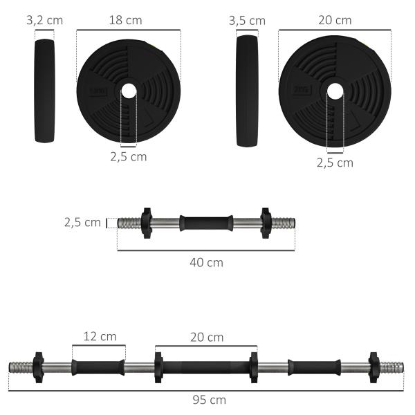 Kit de Halteres 15 kg 2 em 1 com Barra de Pesos Pega Antiderrapante para Treino de Força Preto Verde