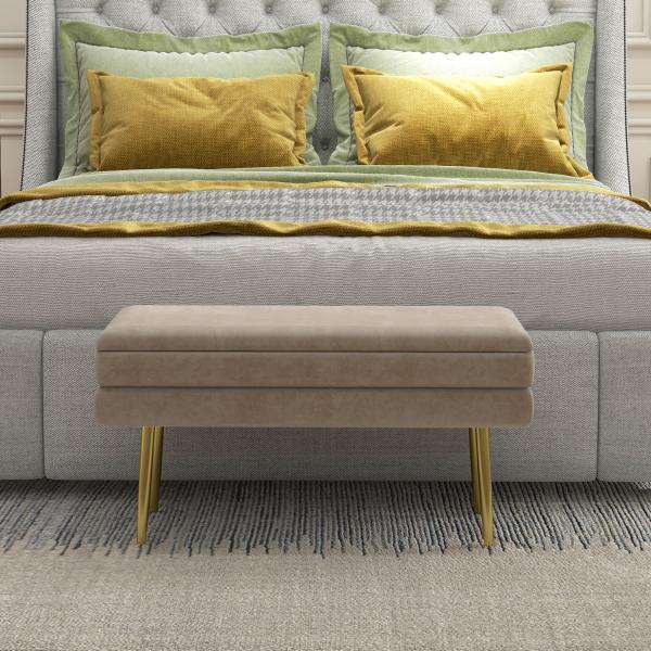Banco Pé de Cama 30L Banco com Armazenamento para Dormitório Estofado em Veludo 79,5x37,5x43 cm Bege