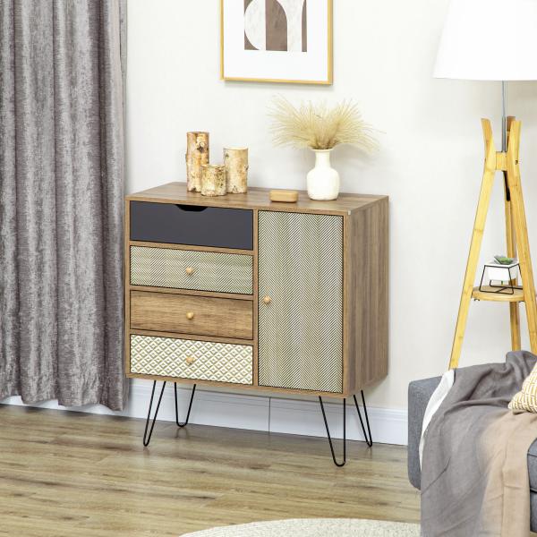 Cómoda de Madeira com 4 Gavetas Prateleira Ajustável e Pés de Metal para Sala de Estar Dormitório 79x39x86cm Marrom