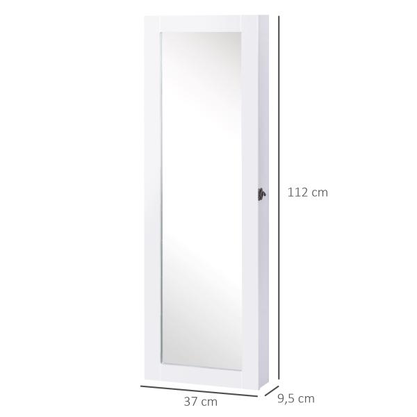 Espelho com Móvel de Bijuterias de Parede Espelho de Parede Organizador de Jóias com Ganchos e Ranhuras para Dormitórios 37x9,5x112cm Branco