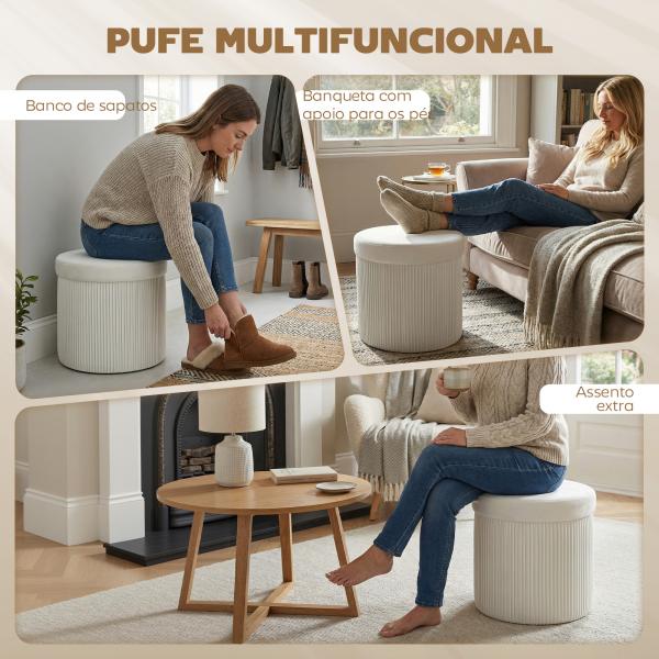 Puff de Arrumação Banco de Arrumação Dobrável 35 L 38x38x38 cm Estofado em Veludo Baú de Arrumação Redondo Creme
