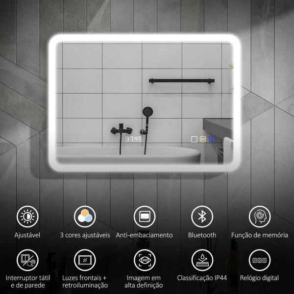 Espelho de Casa de Banho com Luz LED 70x50 cm Bluetooth 3 Cores de Luz Relógio Digital Função Antiembaciamento Função de Memória Prata