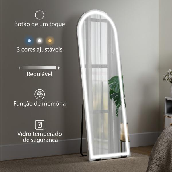 Espelho de Corpo Inteiro com Luzes 150x50 cm Arqueado Sem Moldura 3 Tons de Luz Brilho Ajustável Transparente
