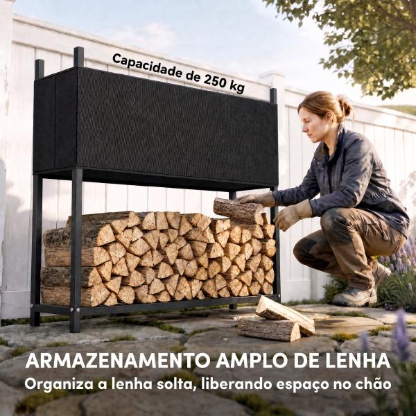Suporte para Lenha com Cobertura Oxford 600D, Aço Galvanizado, 250 kg, Interior e Exterior, Preto