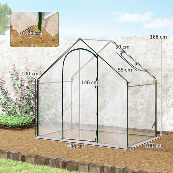 Estufa com Janela Porta Estrutura de Aço e Cobertura de Plástico Impermeável Anti - UV 180x100x168 cm Transparente