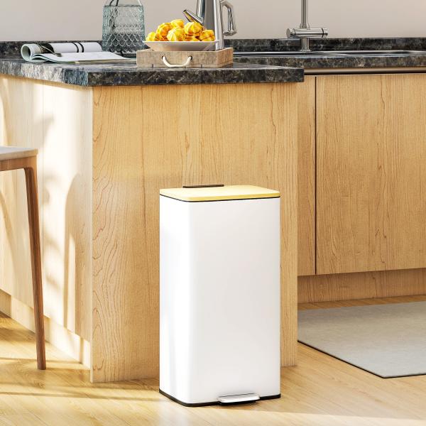 Balde de Lixo de Cozinha com Pedal 20L Tampa de Bambu com Fecho Suave 29,5x29,5x56,8 cm Branco e Madeira