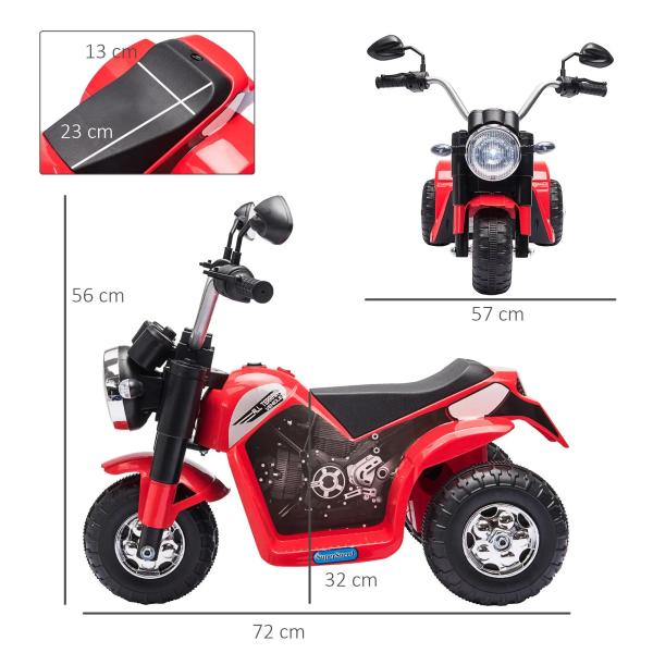 Motocicleta Elétrica Infantil com 3 Rodas Triciclo a Bateria 6V para Crianças de 18 - 36 Meses com Farol Buzina 72x57x56cm Vermelho