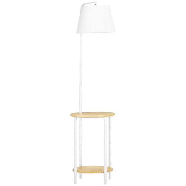 Candeeiro de Pé Moderno com Prateleira Suporte para Lâmpada E27 Máx. 40W com Ecrã de Linho Ø37x162cm Branco e Madeira