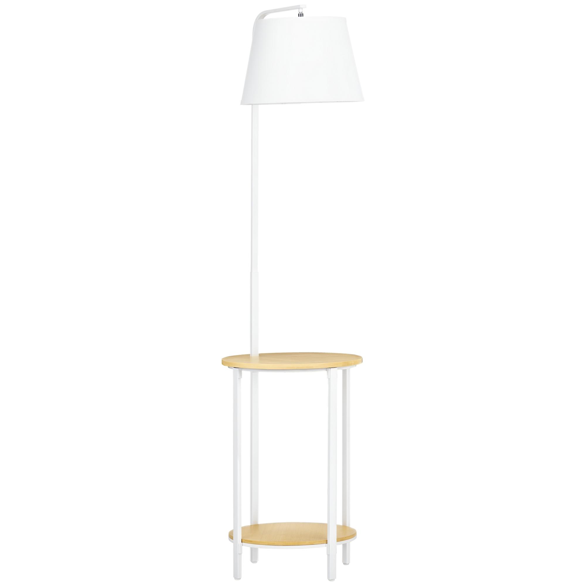 Candeeiro de Pé Moderno com Prateleira Suporte para Lâmpada E27 Máx. 40W com Ecrã de Linho Ø37x162cm Branco e Madeira
