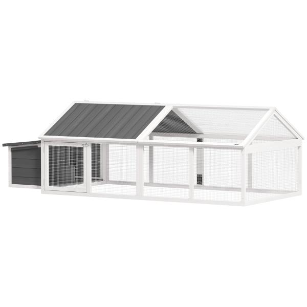 Galinheiro de Madeira para 4 - 8 Galinhas com Teto Abatível Portas com Fechadura e Caixa Ninho 240x112,5x76 cm Branco