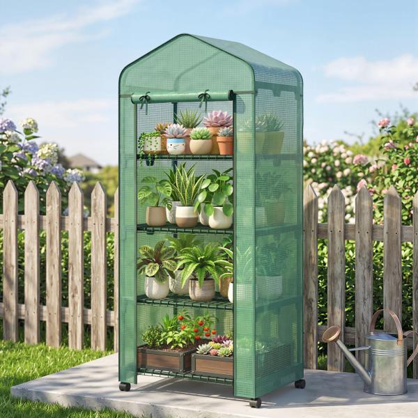 Estufa de Exterior com 4 Prateleiras e Rodas Porta Enrolável Estrutura em Aço e Cobertura de PE 140g/㎡ Anti - UV 69x50x165 cm Verde