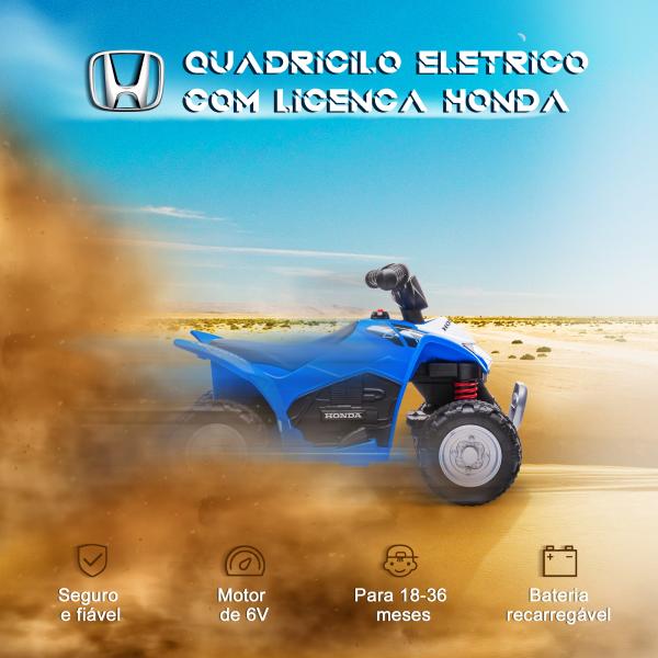 Quadriciclo Elétrico HONDA para Crianças de 18 - 36 Meses Quadriciclo Elétrico Infantil a Bateria 6V com Faróis LED Buzina Velocidade de 2,8km/h e Avance 65,5x35,5x43,5cm Azul