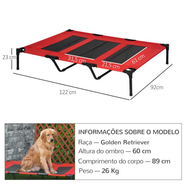 Cama para Animais de Estimação Cama Elevada para Cães Gatos com Tecido Transpirável para Dormir Relaxar Exterior Jardim Terraço 122x92x23cm Vermelho