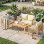 Conjunto de Móveis de Jardim de 4 Peças com Sofá de 2 Lugares 2 Poltronas Mesa de Madeira Almofadas e Corda de PP Madeira e Bege