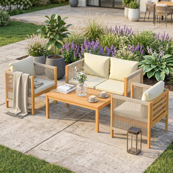 Conjunto de Móveis de Jardim de 4 Peças com Sofá de 2 Lugares 2 Poltronas Mesa de Madeira Almofadas e Corda de PP Madeira e Bege