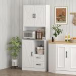 Armário de Cozinha Rústico Armário Alto de Cozinha com Portas Compartimentos Abertos Gavetas e Prateleiras Ajustáveis Anti - Tombo para Sala de Jantar 70x40x180 cm Branco