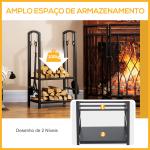 Suporte para Lenha de 2 Níveis Porta Lenha Exterior e Interior Metálico com 4 Ferramentas para Lareira Carga Máx. 100kg 40x30x74,5cm Preto