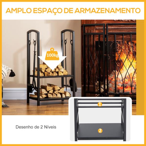 Suporte para Lenha de 2 Níveis Porta Lenha Exterior e Interior Metálico com 4 Ferramentas para Lareira Carga Máx. 100kg 40x30x74,5cm Preto