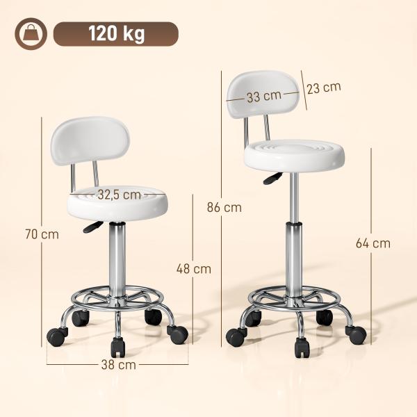 Banco Giratório com Rodas e Encosto Banco de Trabalho com Altura Ajustável Banco Estofado em Couro Sintético 32x40x70x70 - 86 cm Branco