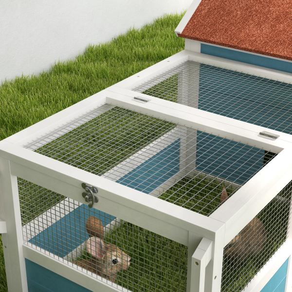 Coelheira Exterior de Madeira 162,5x59,2x77,6 cm Gaiola para Coelhos Grande com 2 Janelas Rodas Rampa e Teto Asfáltico Azul