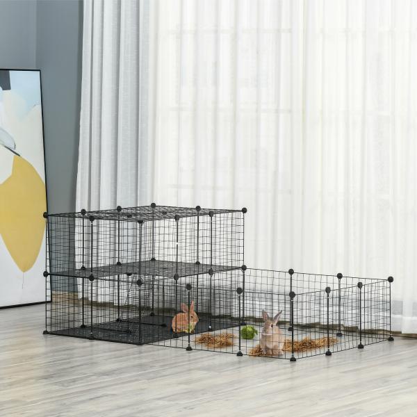 Recinto para Pequenos Animais Recinto Metálico para Animais com Forma Personalizável para Coelhos Porquinho da Índia 175x105x70 cm Preto