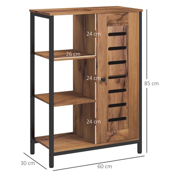 Móvel Auxiliar Casa de Banho com Porta de Ripas 3 Compartimentos Abertos Prateleira Ajustável 60x30x85 cm Castanho Rústico