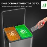 Balde de Lixo de Cozinha com 2 Compartimentos 2x30L Pedal Fechamento Suave e Cubo Amovível Prata