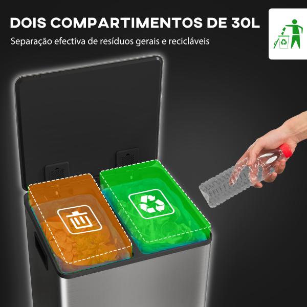 Balde de Lixo de Cozinha com 2 Compartimentos 2x30L Pedal Fechamento Suave e Cubo Amovível Prata