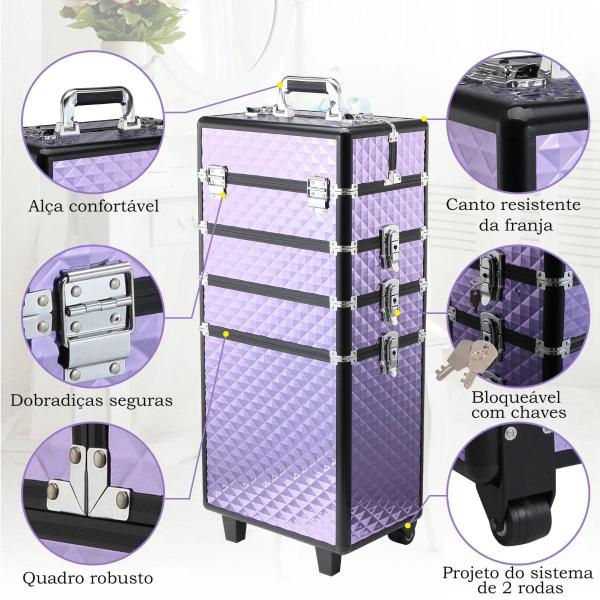 Mala de Maquilhagem Professional com Rodas Universais Diferentes Níveis e Alça Extensível 33,5x23x76 - 95,5 cm Roxo