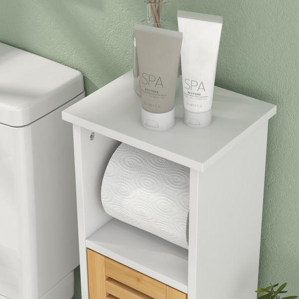 Coluna Casa de Banho Moderna Móvel Auxiliar Casa de Banho com Suporte para Papel Higiénico 21x17x78 cm Branco e Madeira