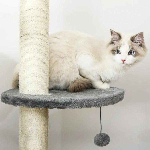 Árvore Arranhador para Gatos para Fixar ao Teto Altura Ajustável 229 - 235cm 260 - 266cm com Plataformas Caverna Postes de Sisal Bolas Penduradas 40x40x217 cm Cinza Claro