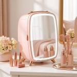 Mini Frigorífico para Cosméticos com 6 L, Porta com Espelho e Luzes LED Ajustáveis, Rosa, 24,3 x 19,4 x 35,6 cm