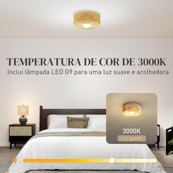 Candeeiro de Teto com Lâmpada LED G9 20W 3000 K Candeeiro de Teto Boémio com Ecrã de Corda de Linho Ø30x16 cm Castanho Claro