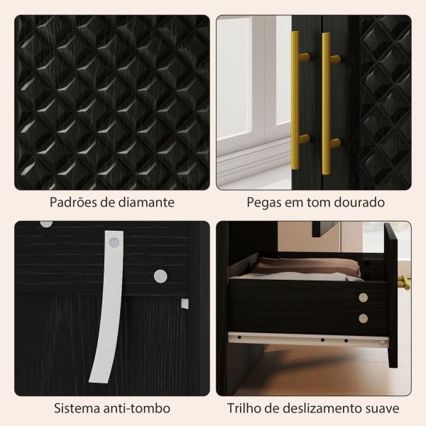 Roupeiro com Espelho 2 Portas e 2 Gavetas Relevo de Diamante Barra para Pendurar Estilo Moderno 80x50x180 cm Preto