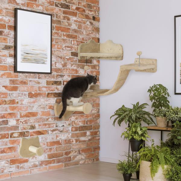 Conjunto de Prateleiras de Escalada para Gatos de 4 Peças com 2 Postes de Sisal e Plataforma para Saltar Bege