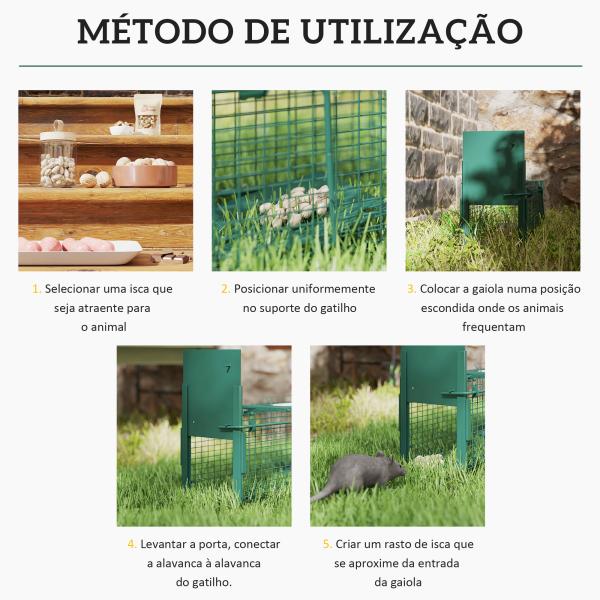 Armadilha para Animais Vivos com Porta Gaiola de Captura com Alça de Transporte para Coelhos Raposas Pequenas 60x18x20cm Verde Escuro