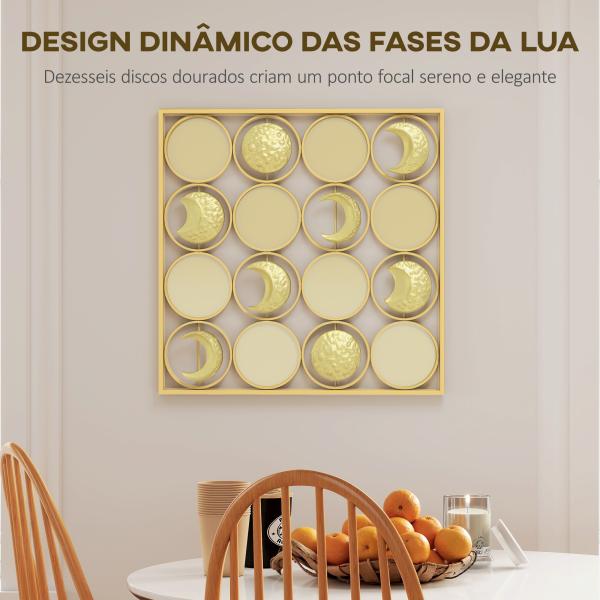 Decoração de Parede Metálica de Fases Lunares com 16 Discos para Sala Quarto Corredor 67,9x67,9 Dourado