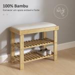 Banco Sapateira de Bambu Sapateira com Assento Almofadado 2 Prateleiras para 6 Pares de Sapatos 60x29x49 cm Madeira e Creme