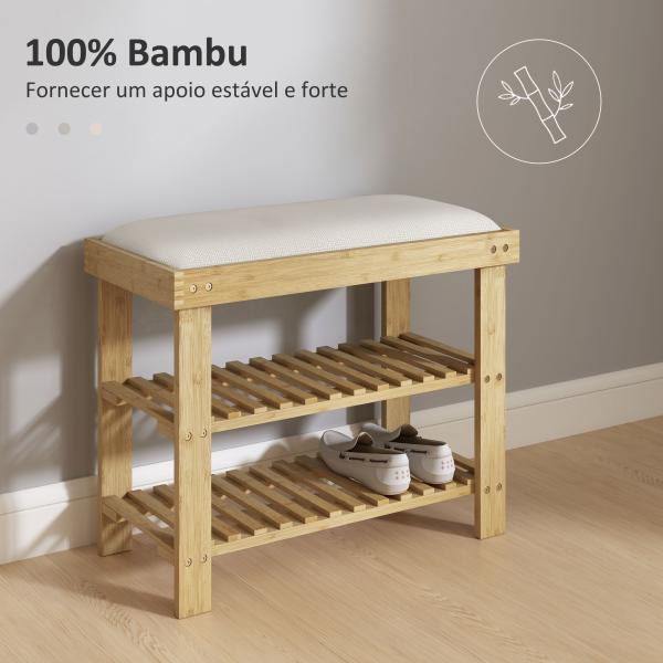 Banco Sapateira de Bambu Sapateira com Assento Almofadado 2 Prateleiras para 6 Pares de Sapatos 60x29x49 cm Madeira e Creme
