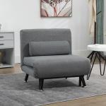 Sofá Cama Individual Dobrável com Encosto Ajustável em 5 Níveis Almofada e Estofado de Linho Sintético 75x70x75 cm Cinzento