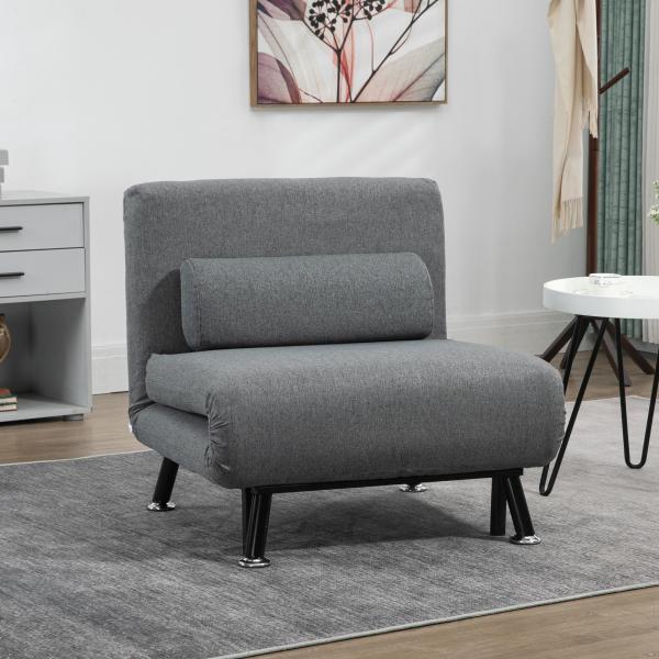 Sofá Cama Individual Dobrável com Encosto Ajustável em 5 Níveis Almofada e Estofado de Linho Sintético 75x70x75 cm Cinzento