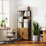 Estante de 6 Níveis Estante de Livros com Compartimentos Abertos 2 Portas Estilo Industrial 75x34x172 cm Castanho Rústico
