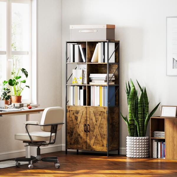 Estante de 6 Níveis Estante de Livros com Compartimentos Abertos 2 Portas Estilo Industrial 75x34x172 cm Castanho Rústico