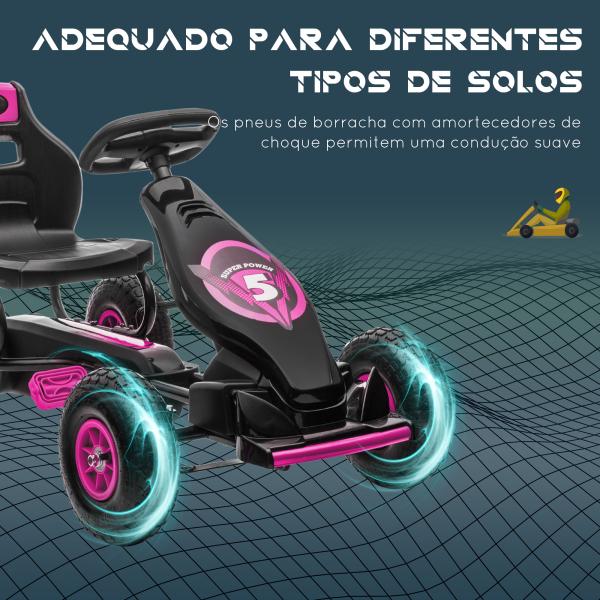 Kart a Pedais para Crianças 5 - 12 Anos com Assento Ajustável Pneus Insufláveis Amortecimento e Travão de Mão 121x58x61 cm Rosa