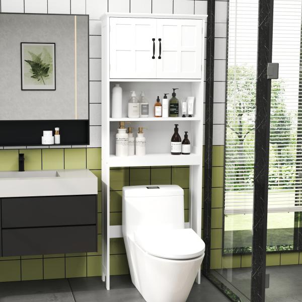 Móvel sobre Sanita Armário para Máquina de Lavar com 2 Portas Prateleiras Abertas e Ajustável 66x23x178 cm Branco