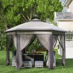 Tenda Dobrável 4x3,4 m Hexagonal com Duplo Teto 6 Mosquiteiras Destacáveis e Saco de Transporte Castanho e Bege