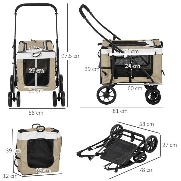 Carrinho para Animais de Estimação Carrinho para Cães Dobrável com Compartimento Desmontável 4 Portas 81x58x97,5 cm Cáqui
