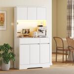 Armário de Cozinha com Luz LED RGB, Bancada para Micro - ondas, 6 Portas, 2 Gavetas, Prateleiras Ajustáveis e Comando à Distância, Branco