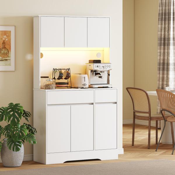 Armário de Cozinha com Luz LED RGB, Bancada para Micro - ondas, 6 Portas, 2 Gavetas, Prateleiras Ajustáveis e Comando à Distância, Branco