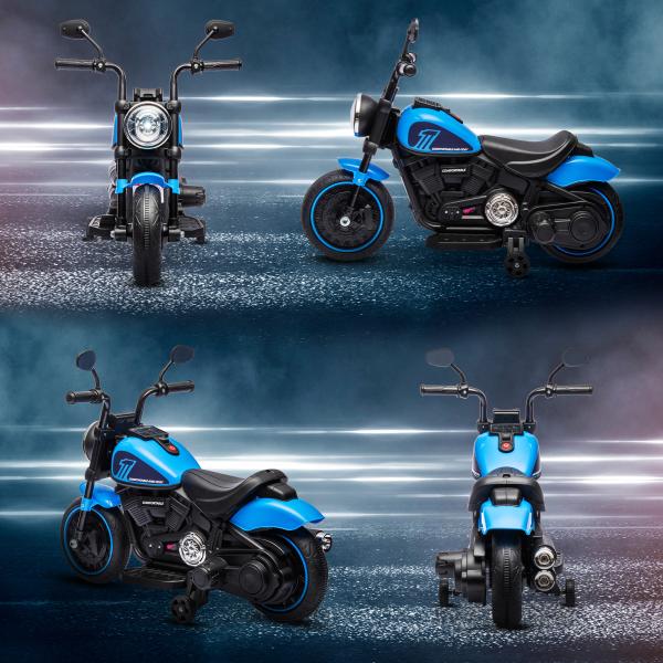 Motocicleta Elétrica para Crianças de 18 - 36 Meses com Bateria 6V Farol e Rodas Auxiliares Removíveis 76x42x57 cm Azul